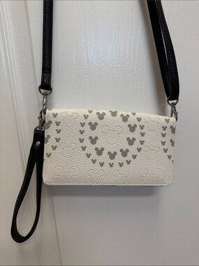 White Crossbody Wallet with Black Strap and Gray Print